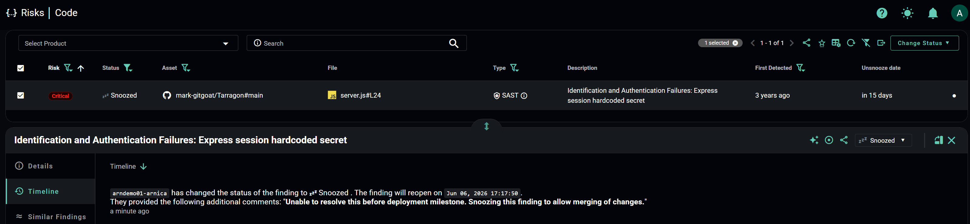 Code Risks page showing a finding with the Snoozed status and its timeline including expiration date and ChatOps notifications