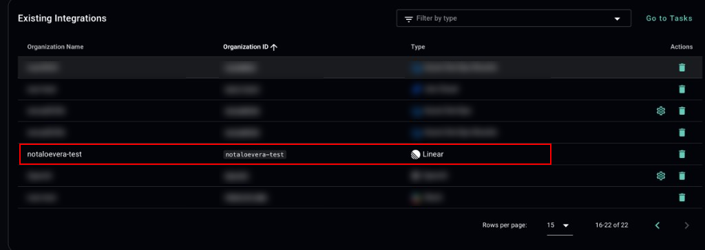 Linear workspace listed in the Existing Integrations table