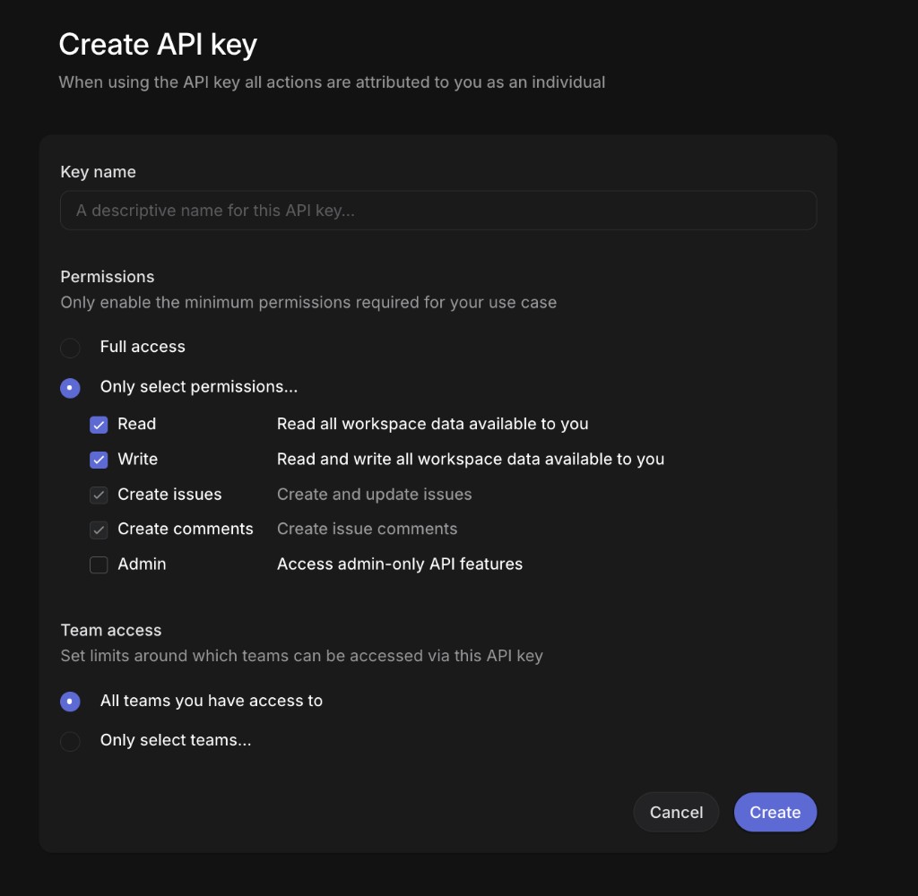 Linear Create API key dialog with the Read and Write permissions enabled