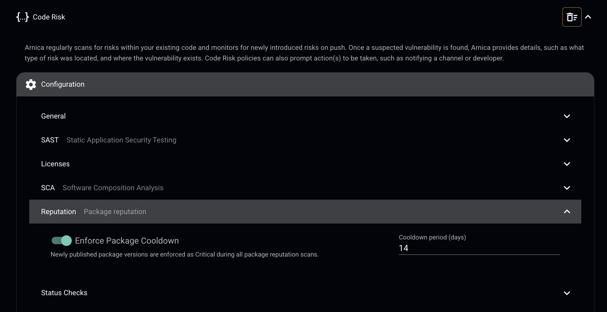 Code Risk configuration with Enforce Package Cooldown enabled and Cooldown period set to 14 days