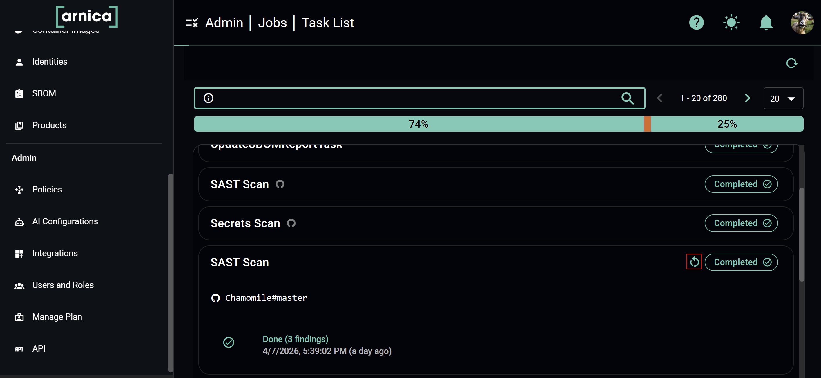 Restarting a task from the Jobs page