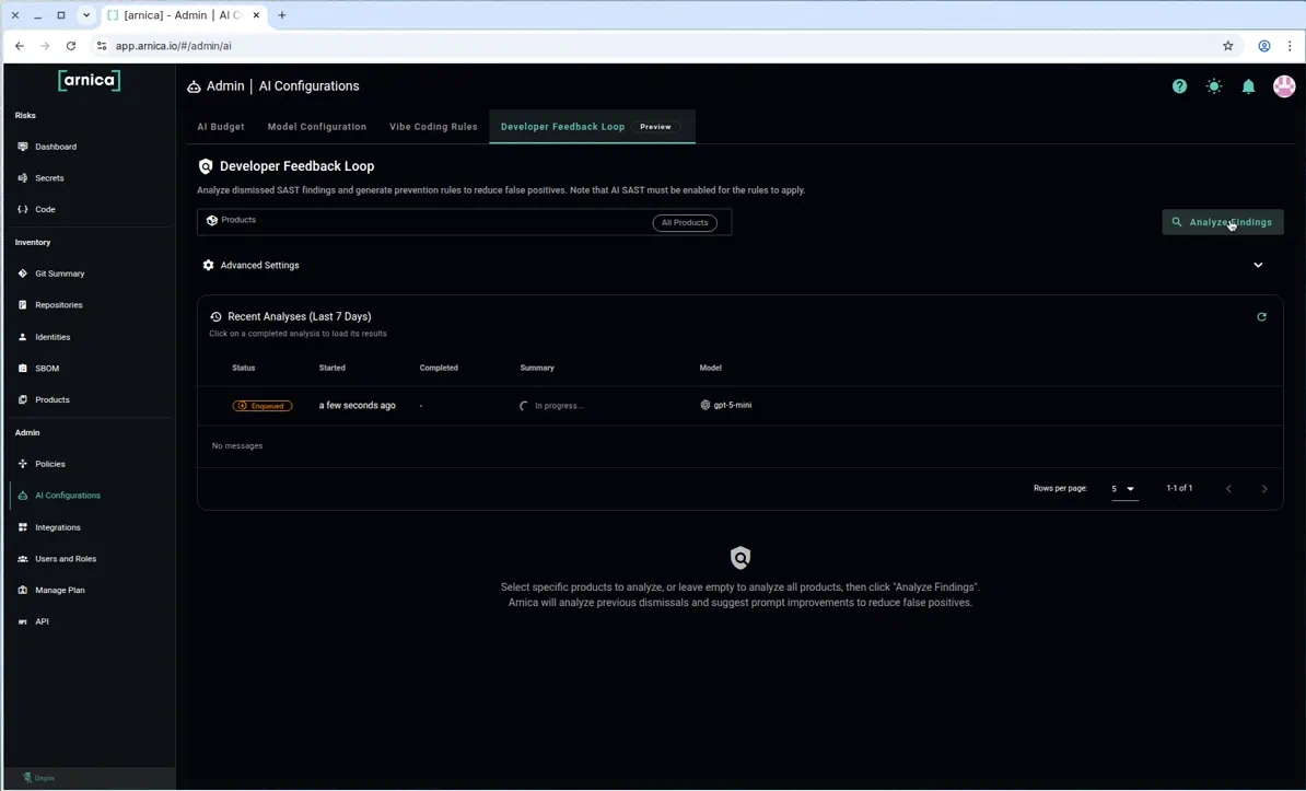 Recent Analyses table showing an analysis in progress