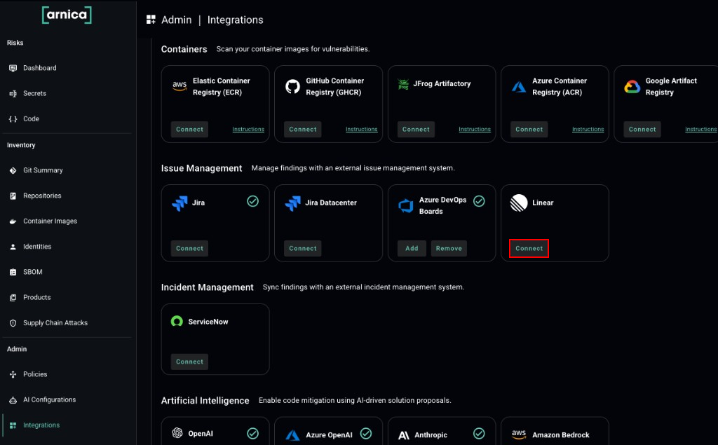 Linear listed under Issue Management on the Integrations page