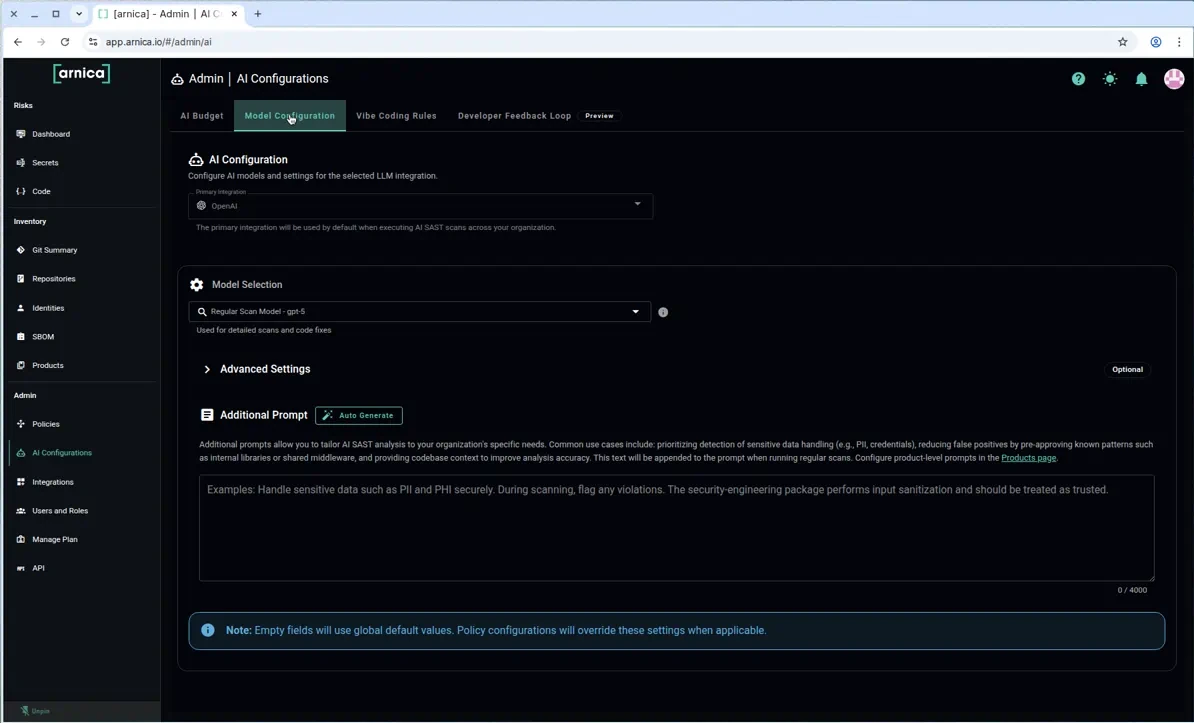 Model Configuration tab showing the global Additional Prompt field with the Auto Generate badge