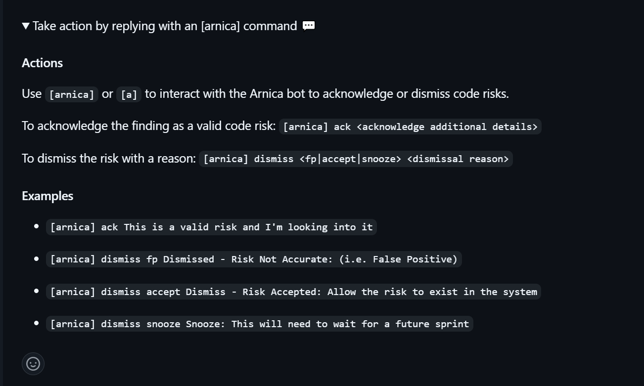 Pull request comment from the Arnica bot listing the [arnica] ack and [arnica] dismiss commands with fp, accept, and snooze options