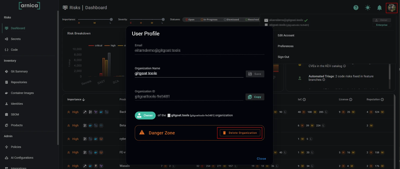 Edit Account modal showing the Danger Zone section with the Delete Organization button