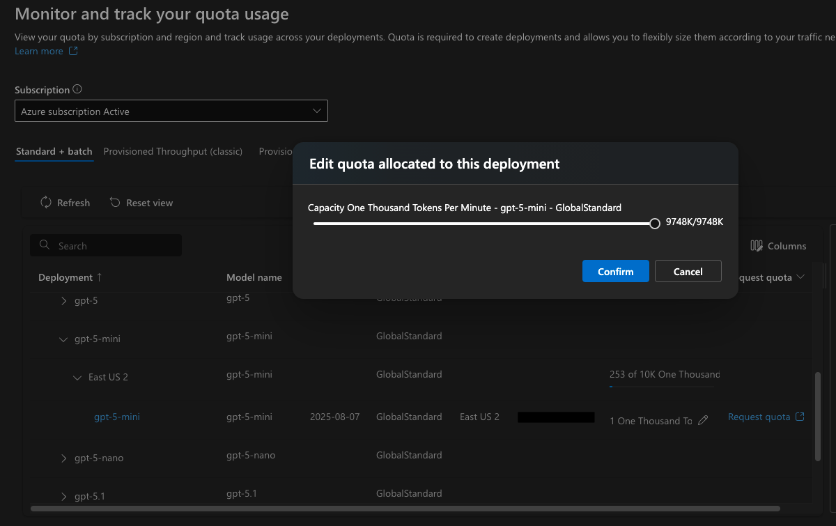 Azure AI Foundry quota management page showing an Azure OpenAI deployment quota setting