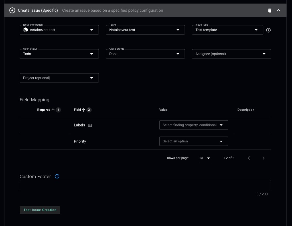 Create Issue rule configured with a Linear team, issue type, and status mapping