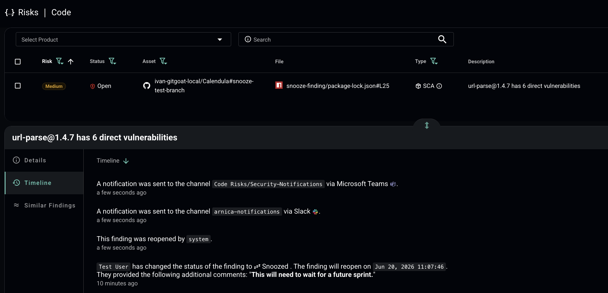 Finding timeline showing Snooze, system re-open, and outbound notifications via Slack and Microsoft Teams