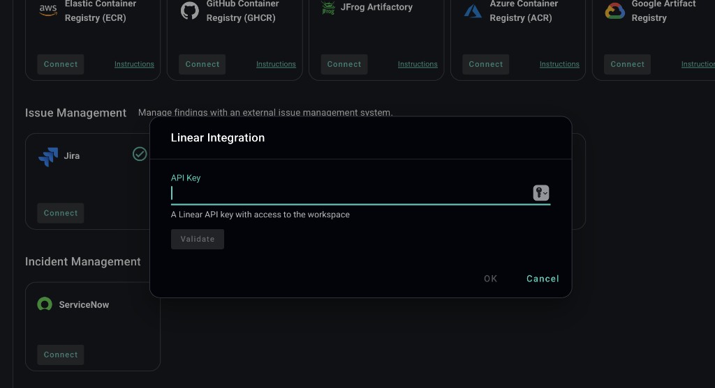 Linear Integration dialog with the API Key field and Validate button